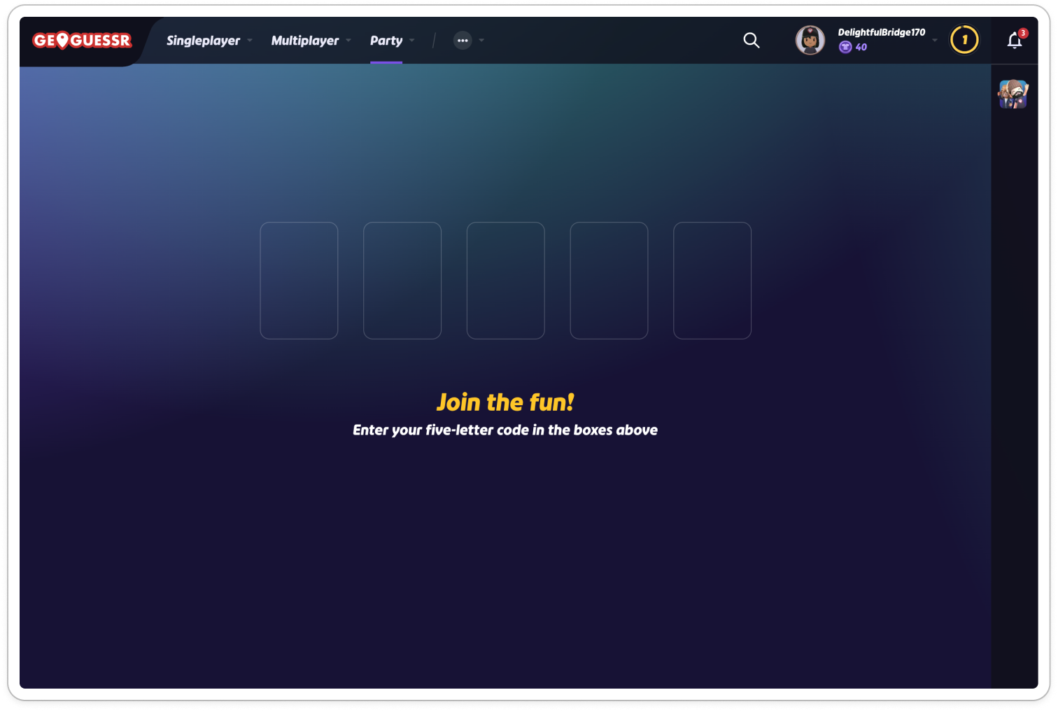 Screenshot of the GeoGuessr Web app showing the join code screen.